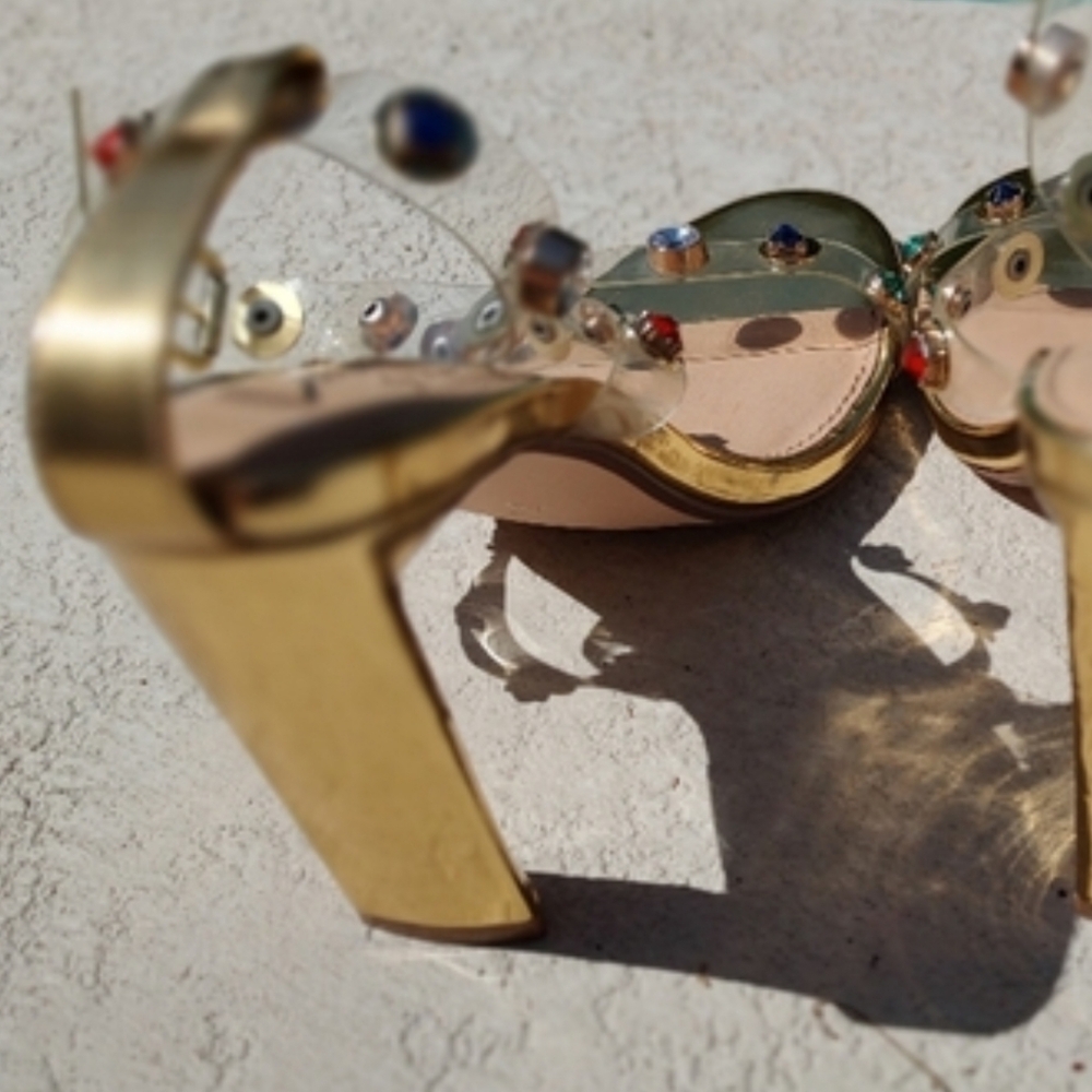 Dainty Minimal Gold Heels With Colorful Stones On Straps - Picture 4 of 14